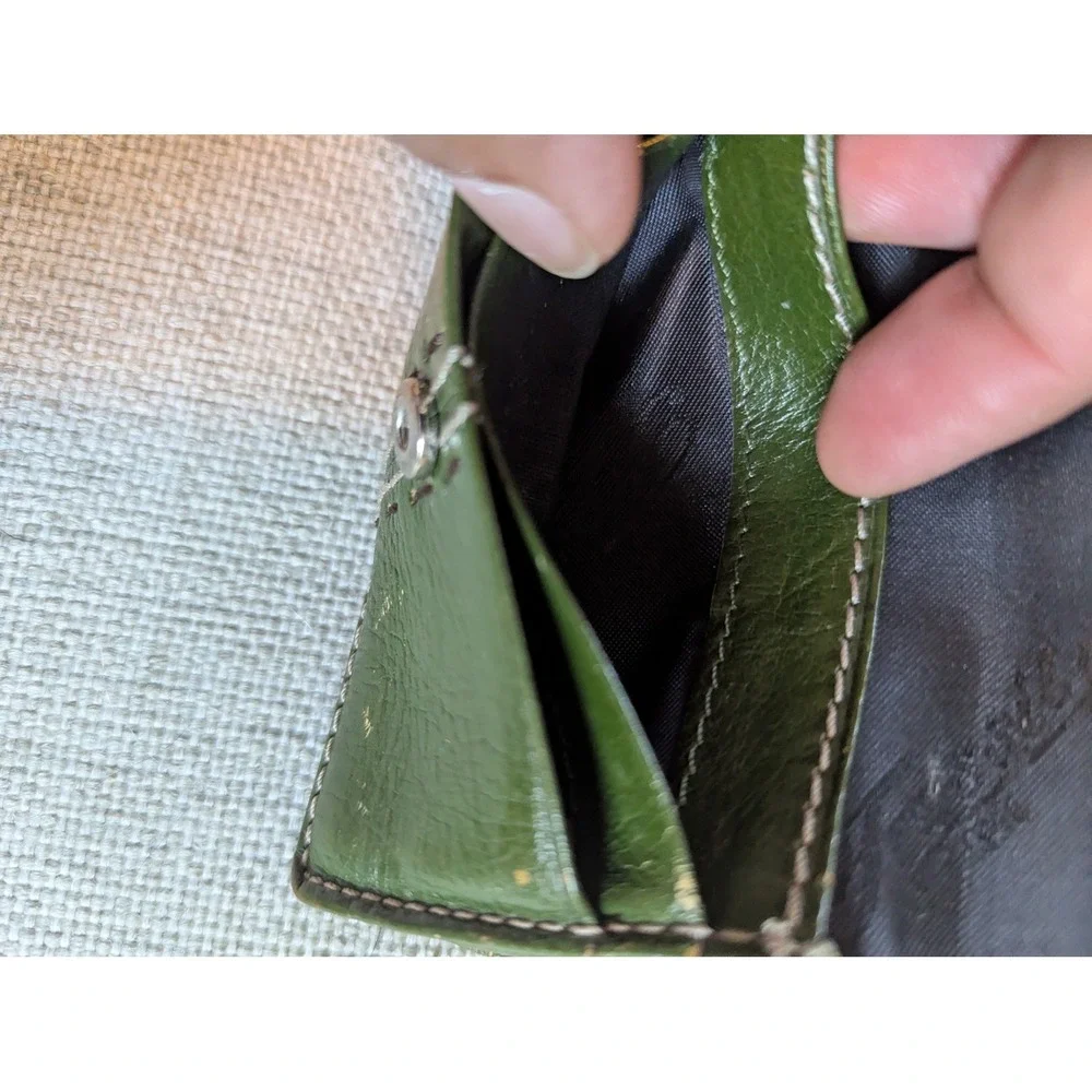 Vtg Fossil Card Green Leather Contrast Stitch Snap Bifold ID Window Wallet